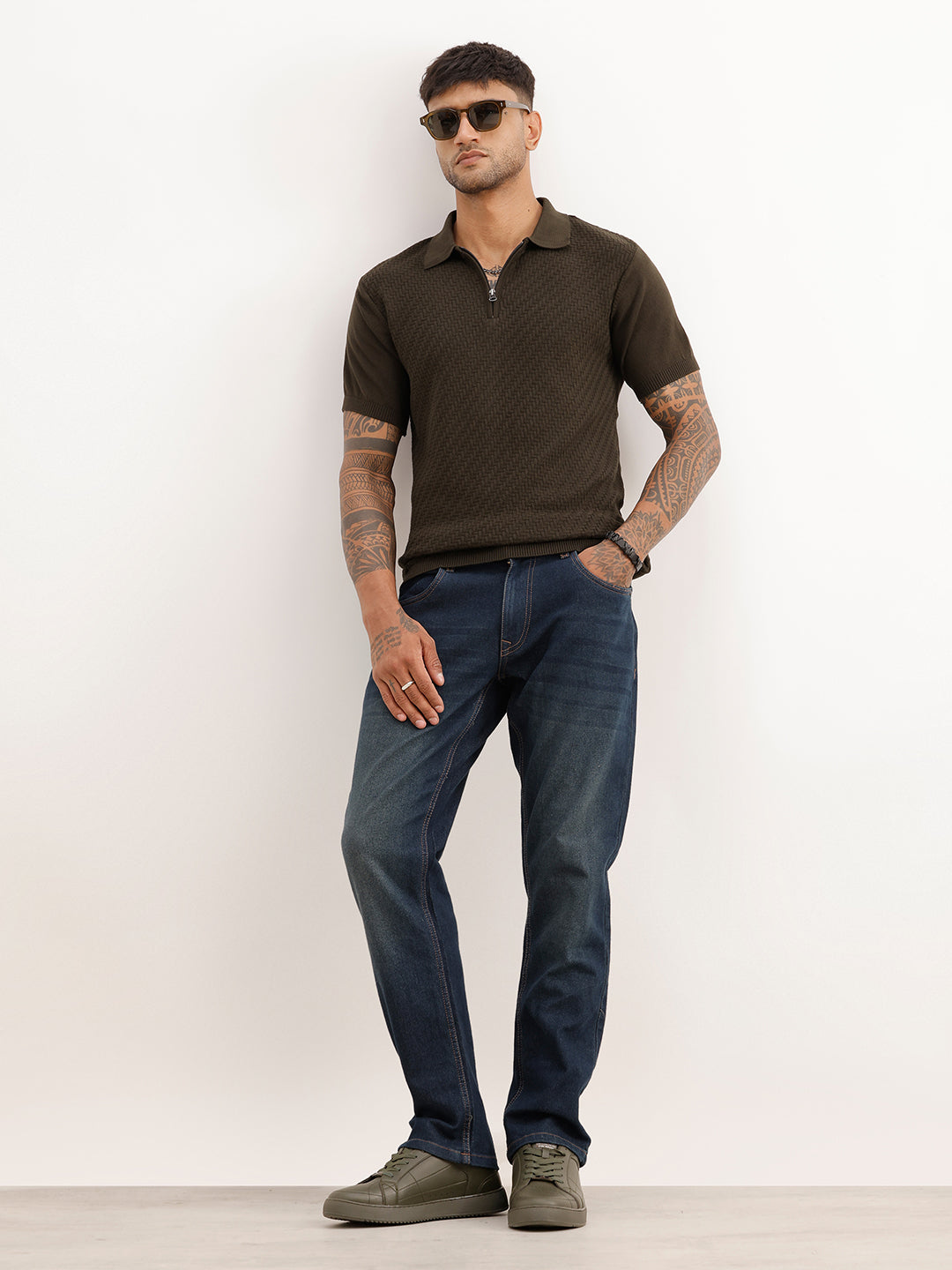 Textured Slim Fit Polo T-Shirt | Olive