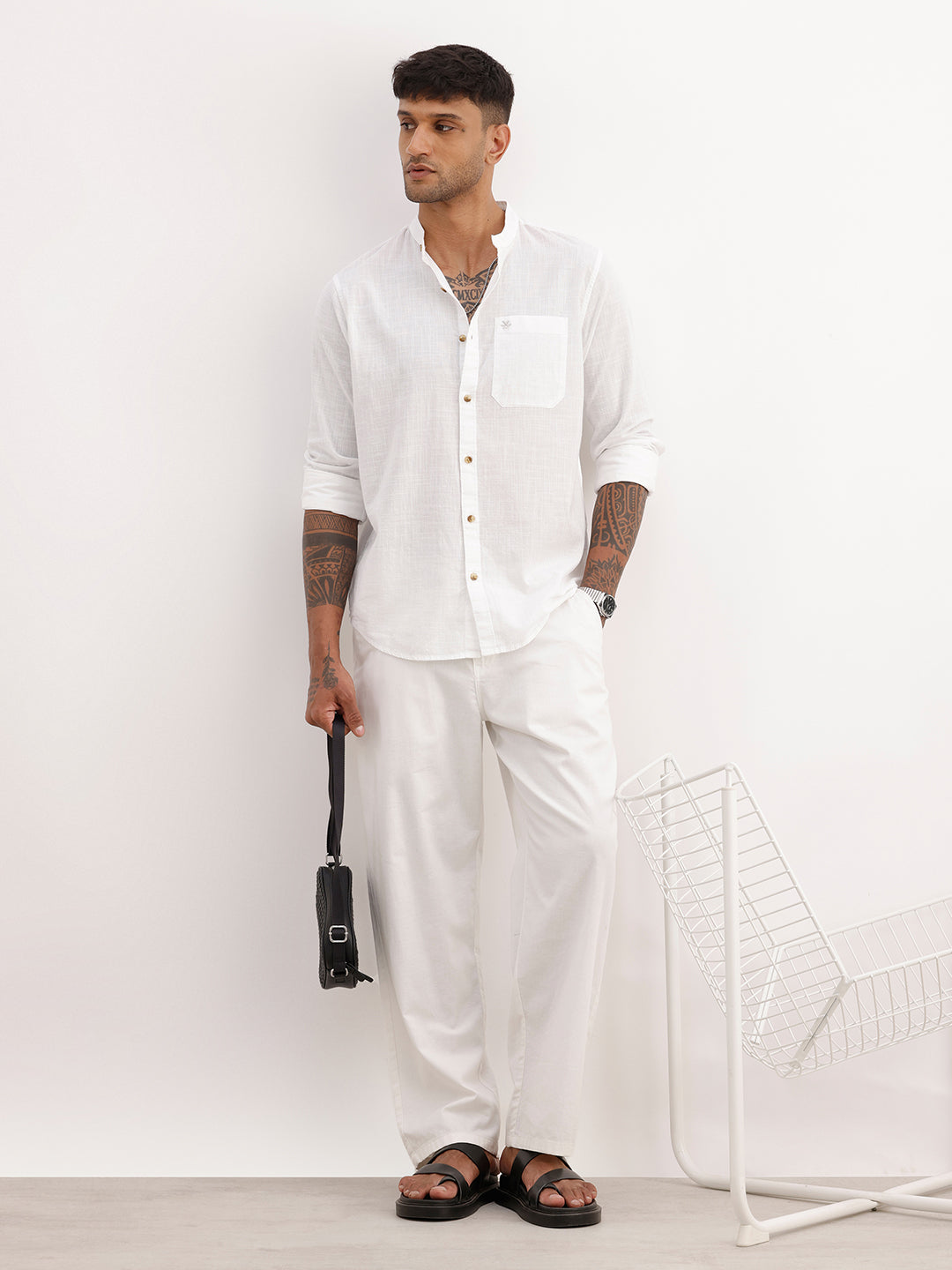 Solid Regular Fit Mandrin Collar Shirt | White