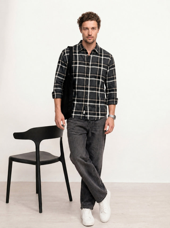 Comfort Fit Checkered Full Sleeve Shirt | Dark Grey