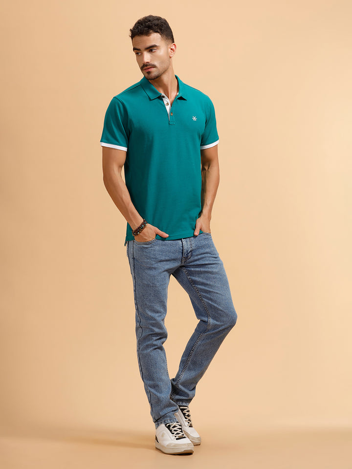 Contrast Detail Slim Fit Polo T-Shirt | Teal