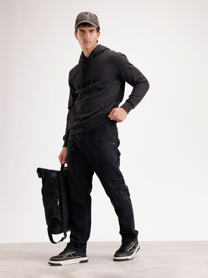Solid Relaxed Fit Denim Cargo  | Black