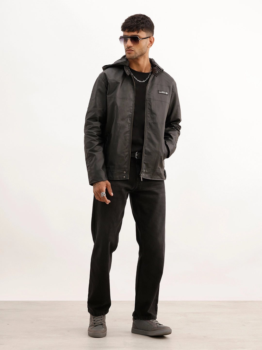 Solid Zipper Hooded Jacket | Black