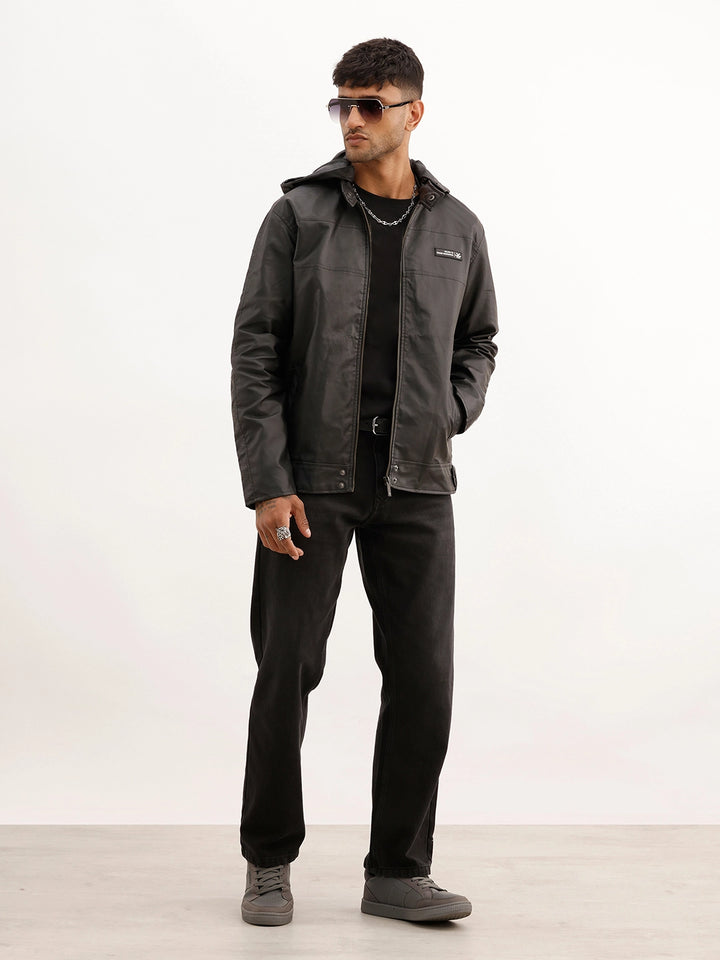 Solid Zipper Hooded Jacket | Black