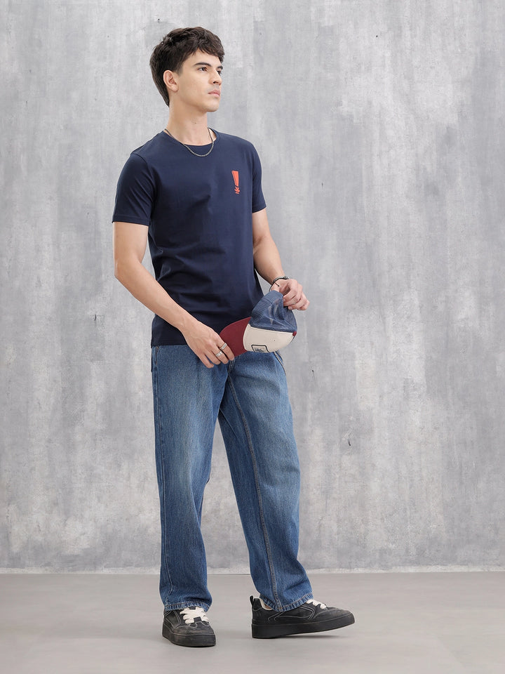 Regular Fit Solid T-shirt With Logo Print | Blue