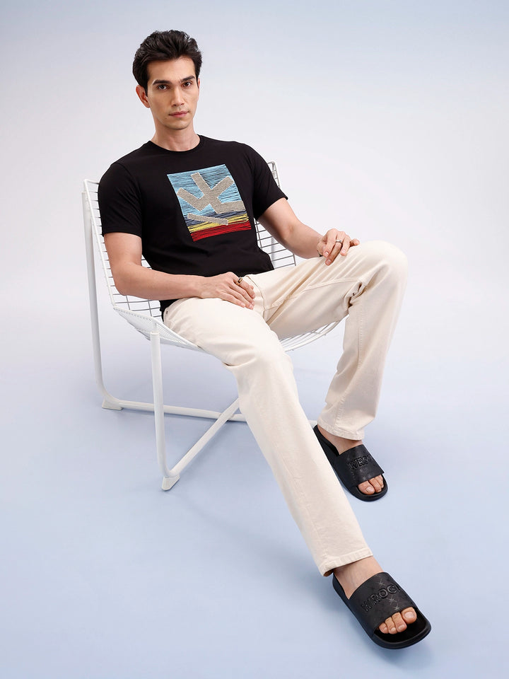 Slim Fit Embroidered Patch T-Shirt  | Black