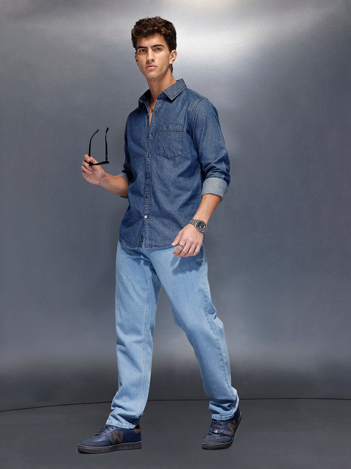 Washed slim fit denim shirt | Blue