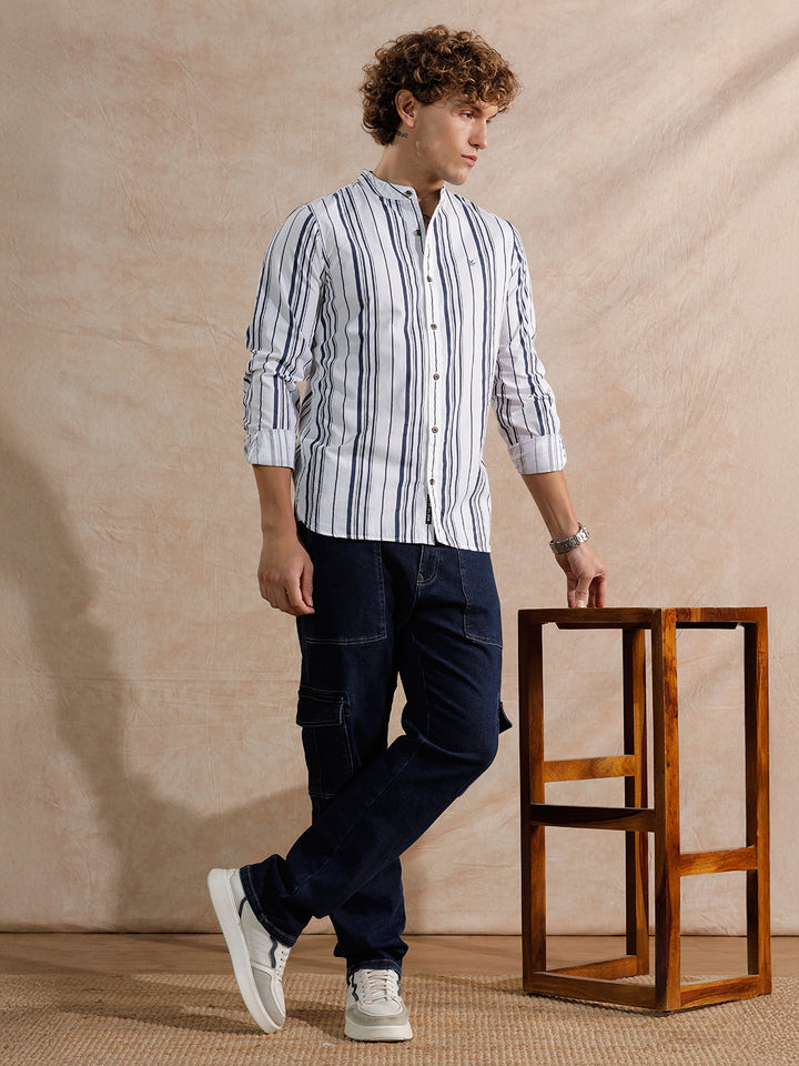 Striped Mandarin Collar Shirt | White