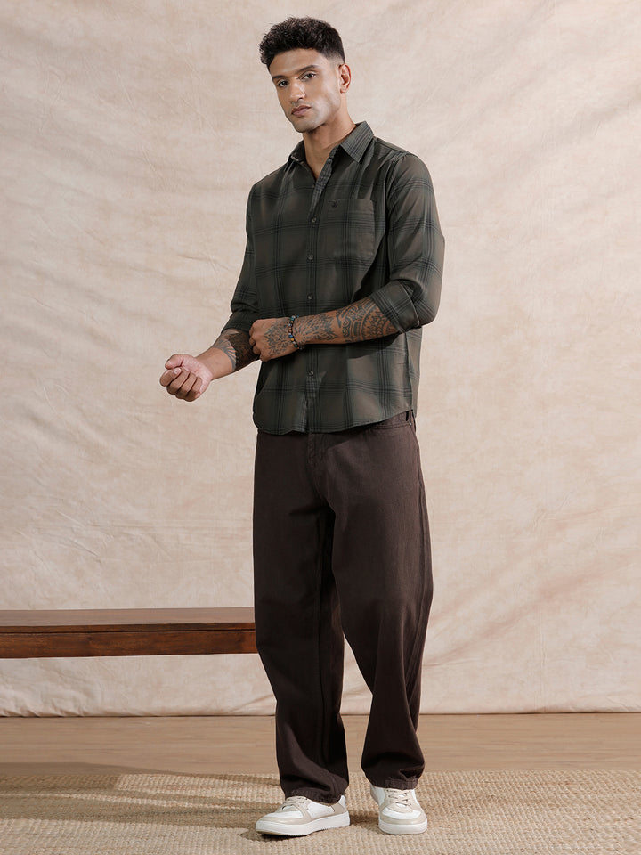 Tonal Checks Regular Fit Shirt | Olive