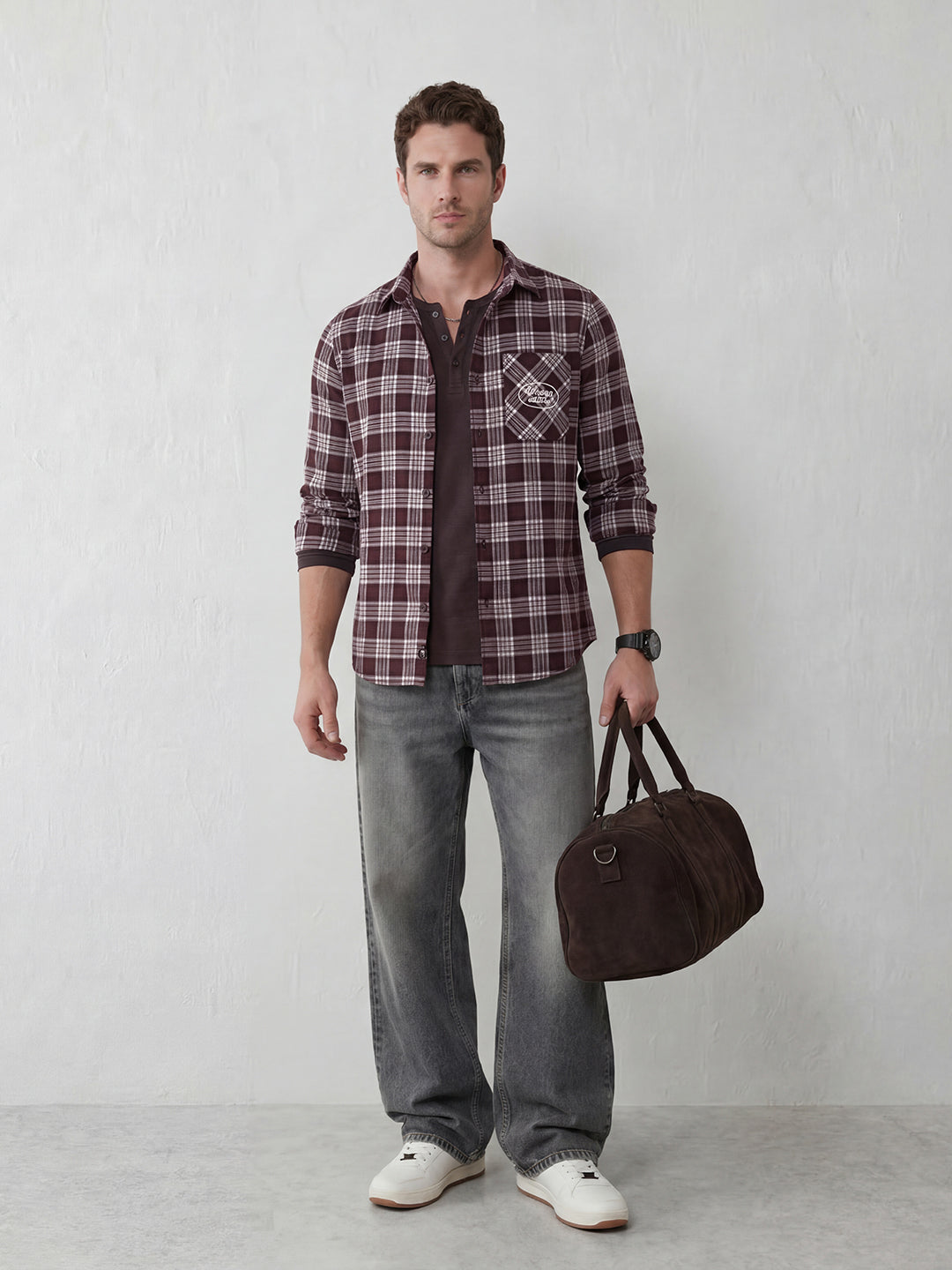 Refined Checks Slim fit Signature Embroidery shirt | Brown