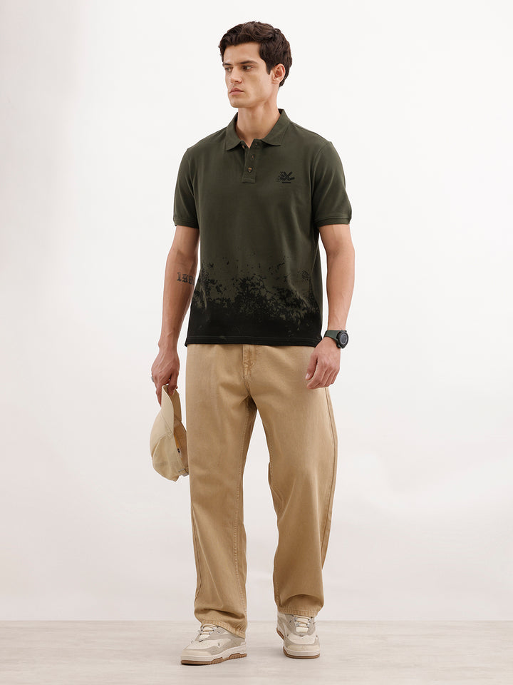 Slim Fit Placement Printed Polo T-Shirt  | Olive