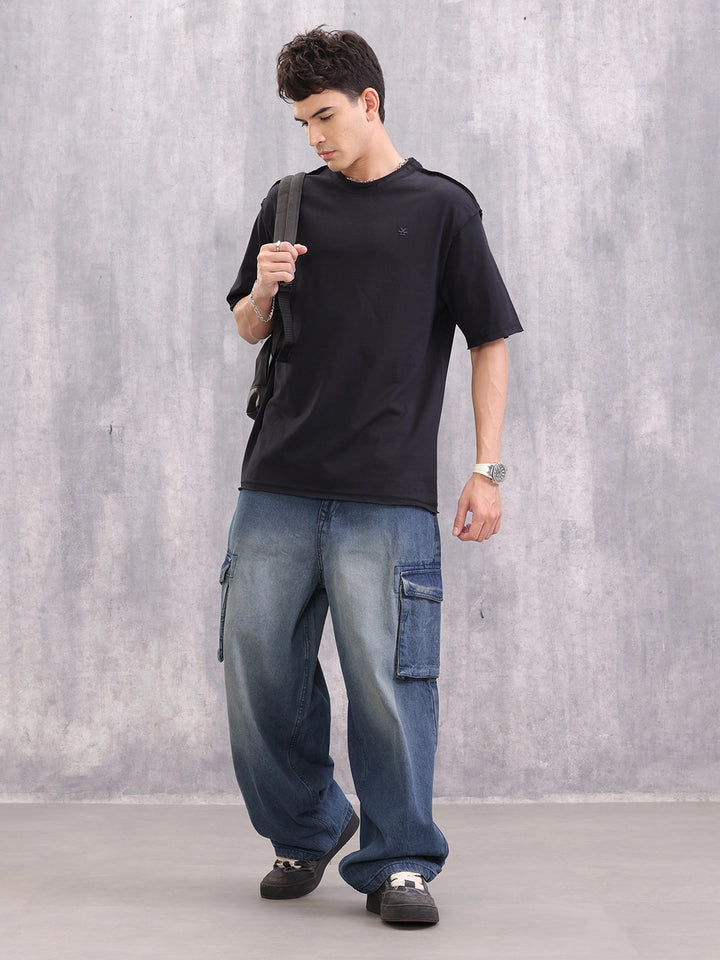 Casual Oversized Fit T-shirt With Raw Edge And Flatlock Detail | Black