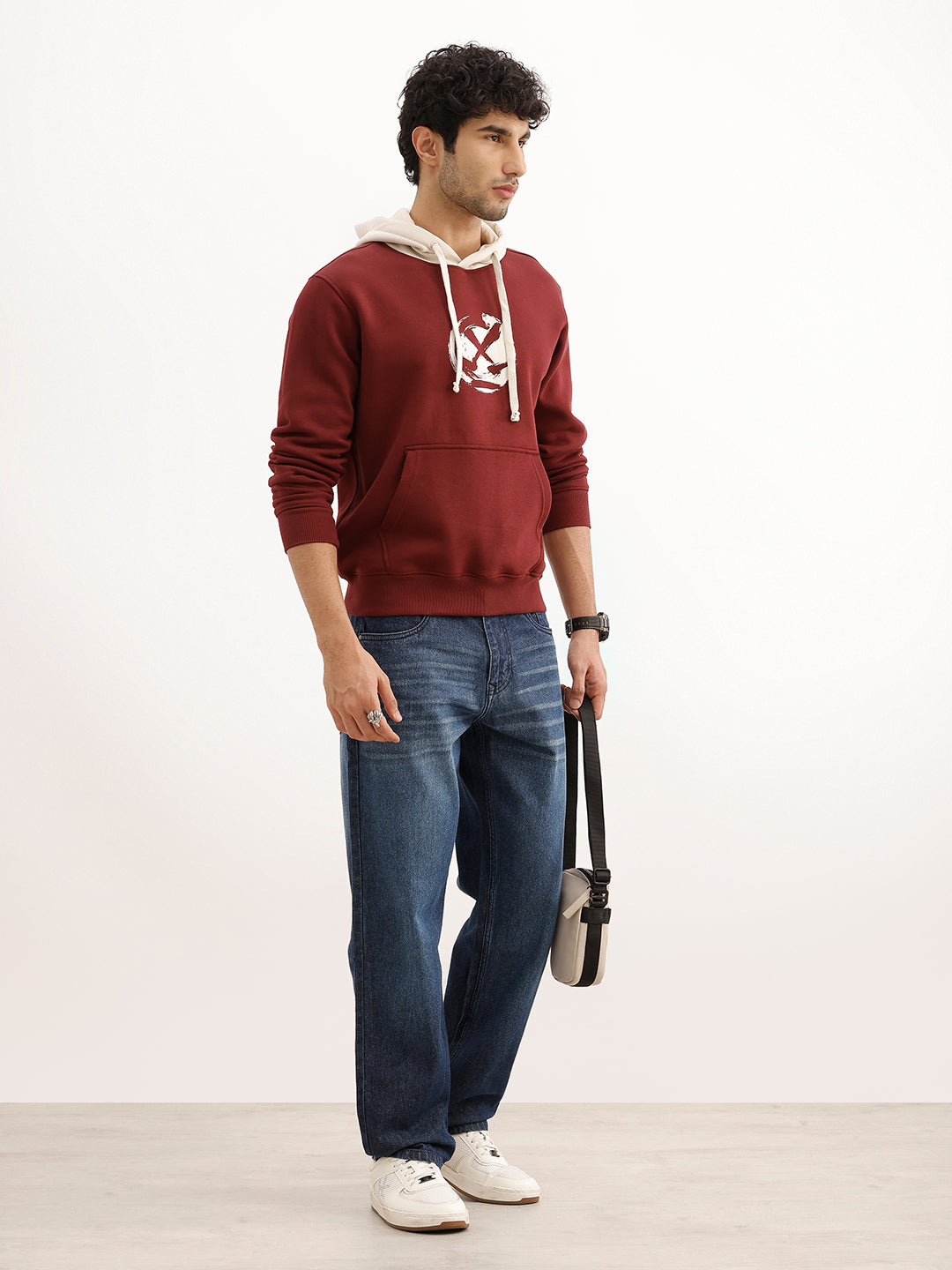 Placement Printed Contrast Hooded Sweatshirt | Maroon