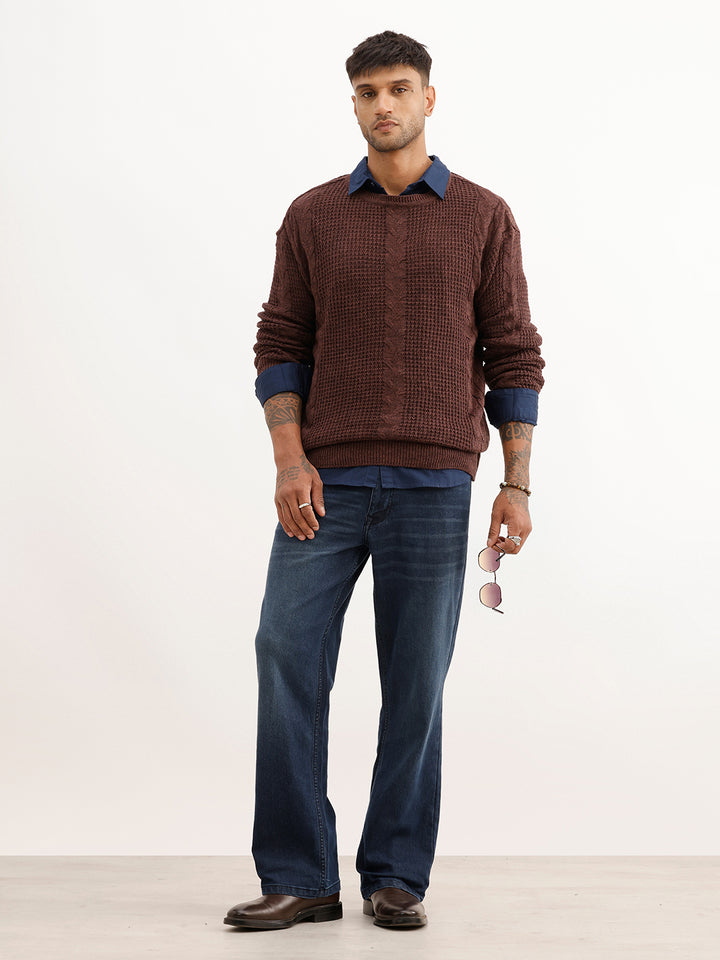 Regular Fit Textured Cable Knit Sweater | Brown