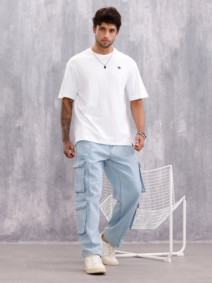 Flat Lock Stitch Detail Oversized Fit T-shirt With Hd Printed Logo | White