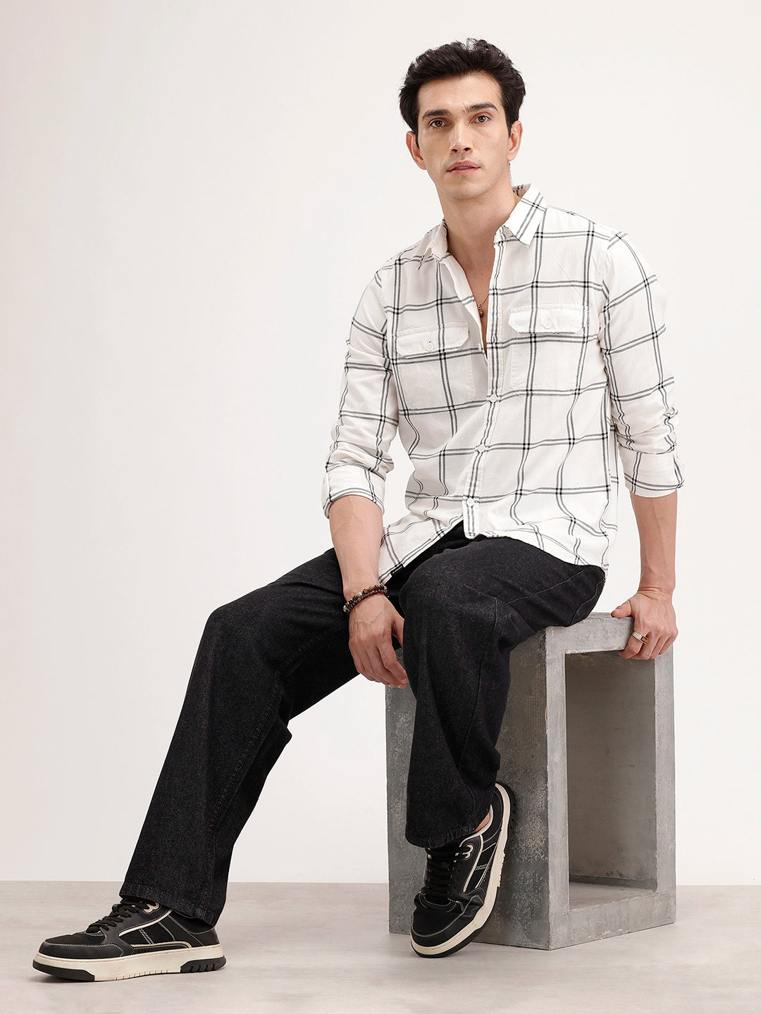 Slim Fit Checkered Shirt | White