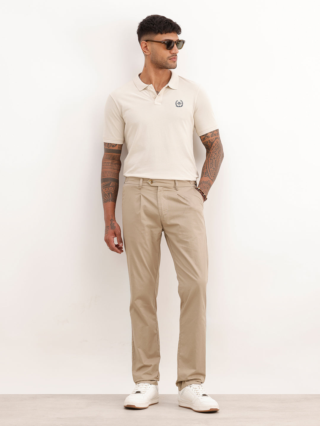 Solid Slim Fit Pleated Trouser | Beige