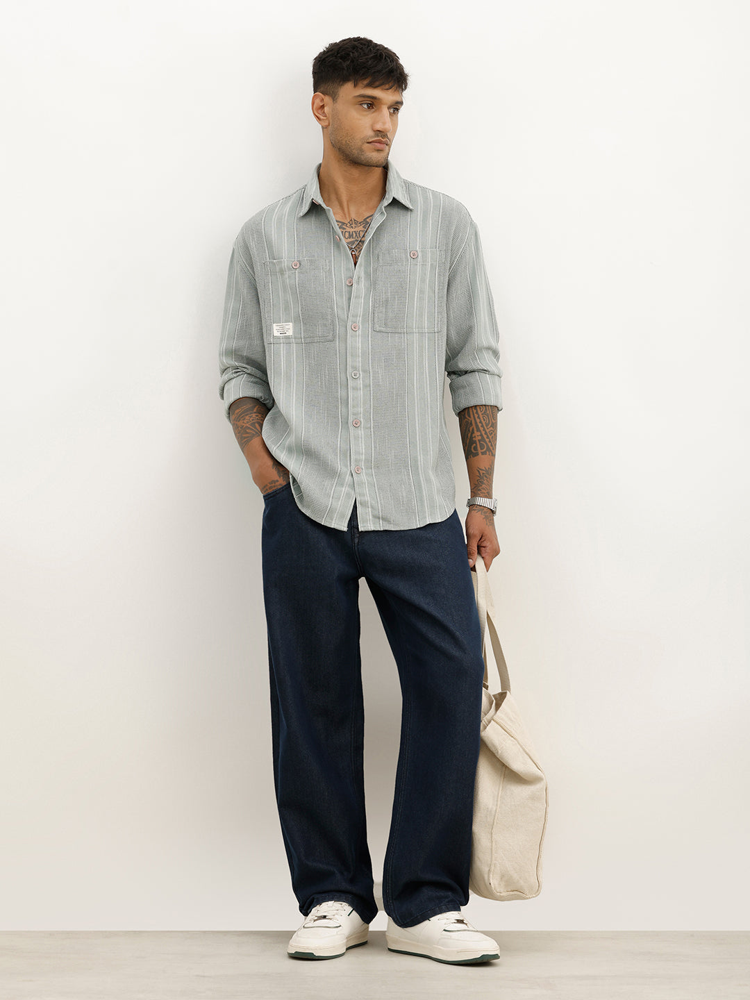 Oversized Fit Textured Striped Shirt | Green