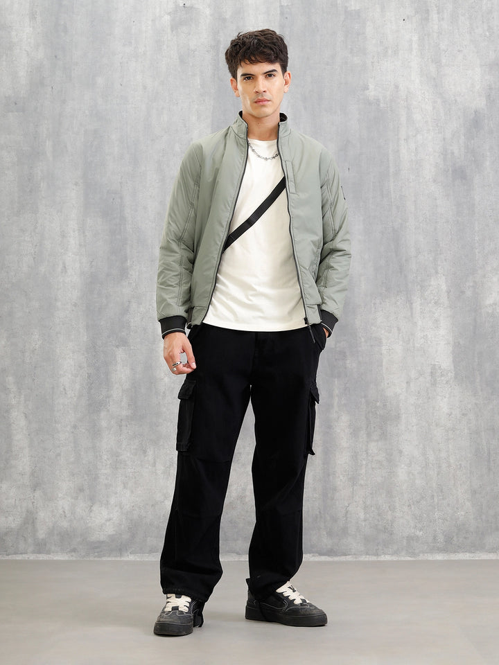 Mock Neck Full Zippered Regular Fit Jacket | Green