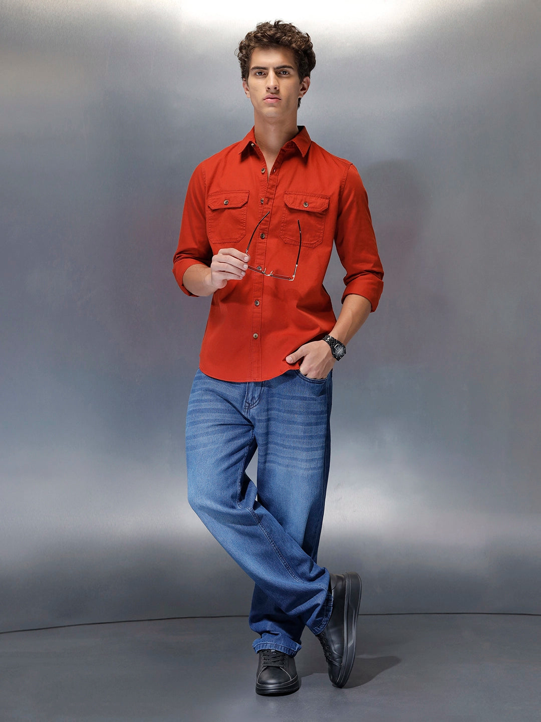 men's casual slim fit double pocket shirt | Rust