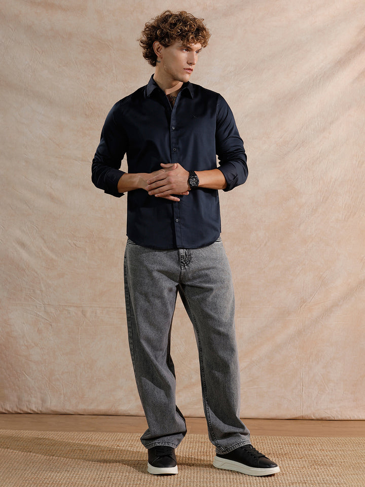 Solid Stretch Cotton Blend Shirt | Navy Blue