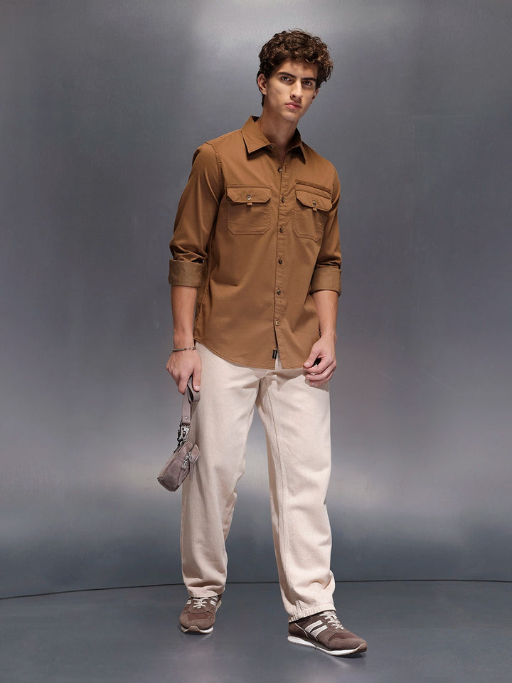 Men's Slim Fit Casual Shirt with Double Pocket  |  Khaki