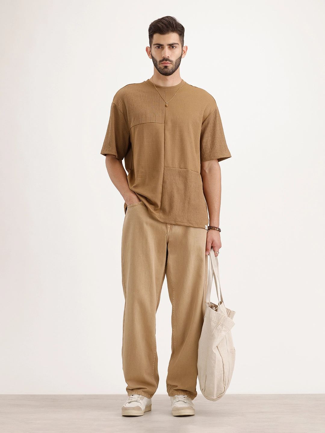 Textured Oversized Cut & Sew T-Shirt | Khaki