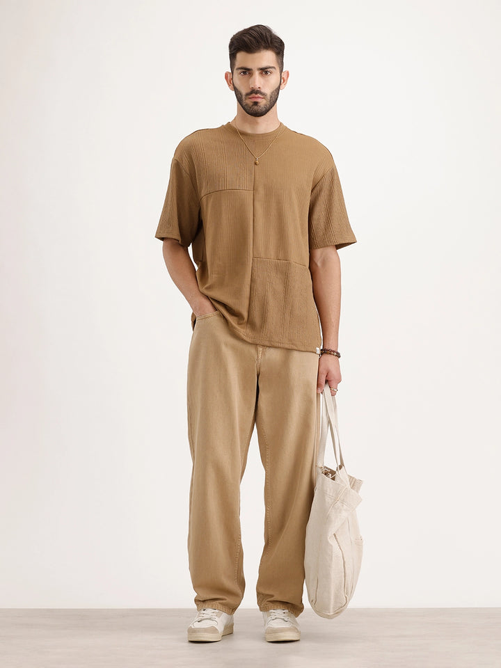 Textured Oversized Cut & Sew T-Shirt | Khaki