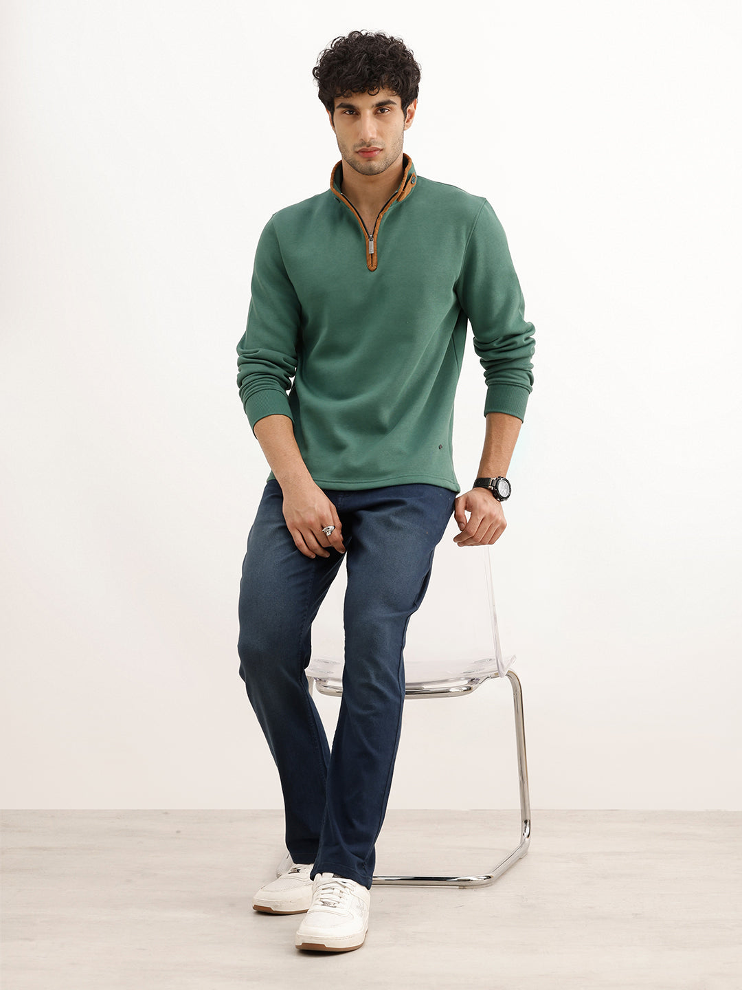Solid Contrast Quarter Zipper Sweatshirt | Green