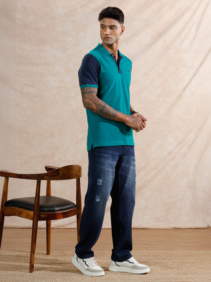Colour Blocked Polo T-Shirt | Teal & Navy