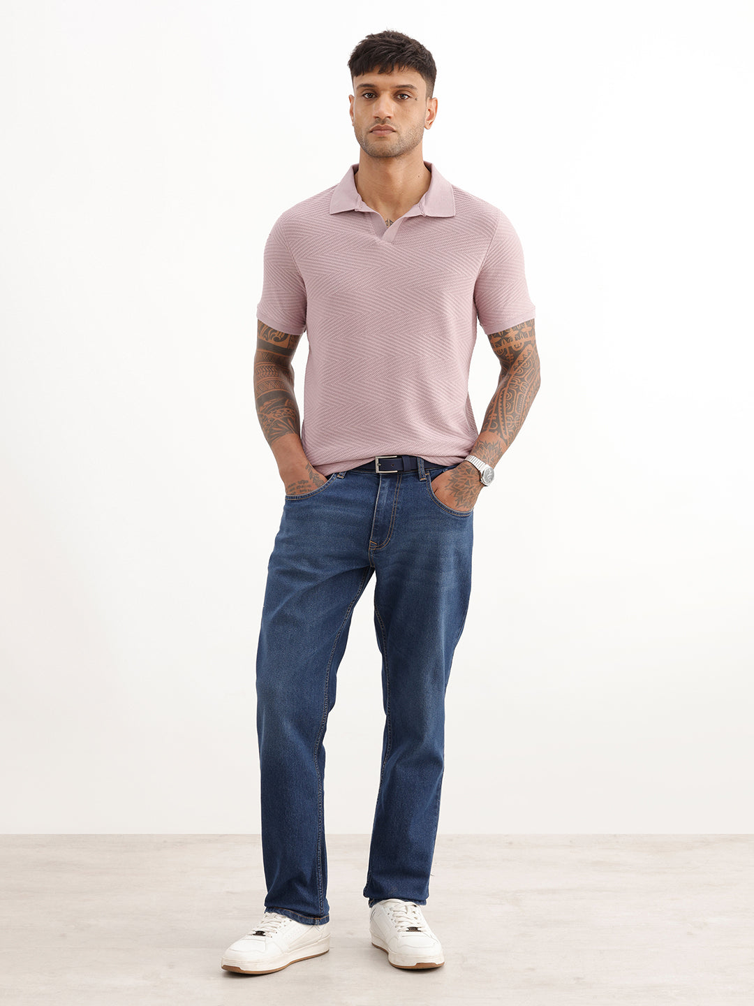 Solid Slim Fit Textured Polo T-Shirt | Pink