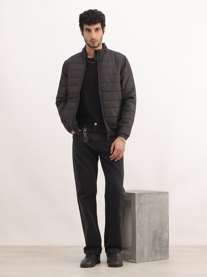 Solid Regular Fit Puffer Jacket | Black