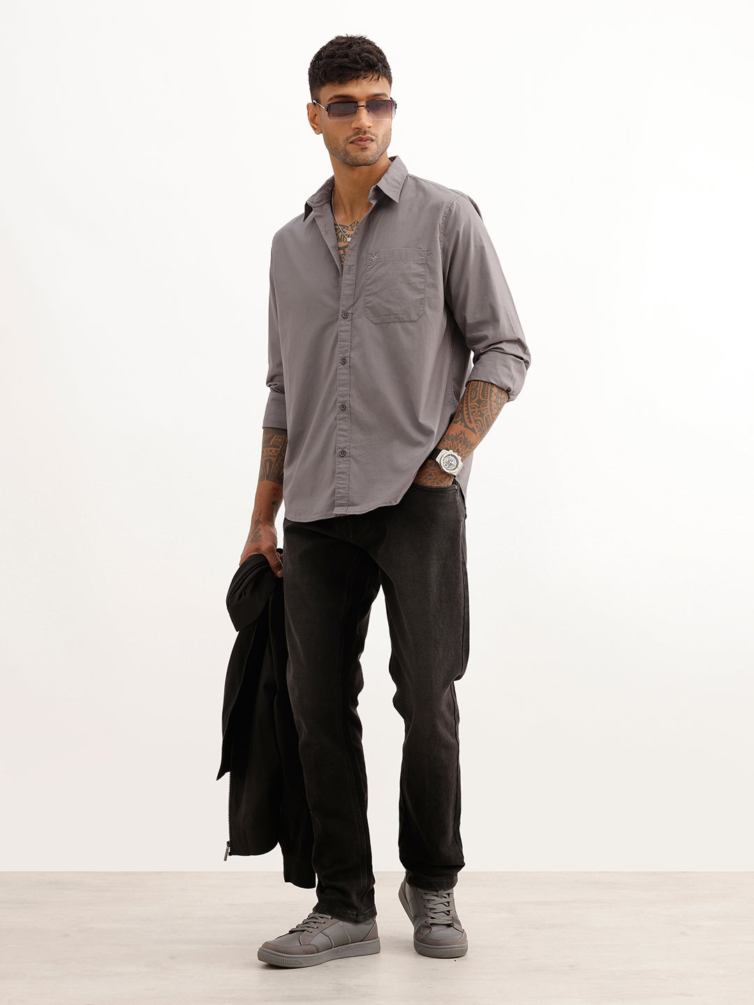 Solid Regular Fit Full Sleeve Shirt | Grey