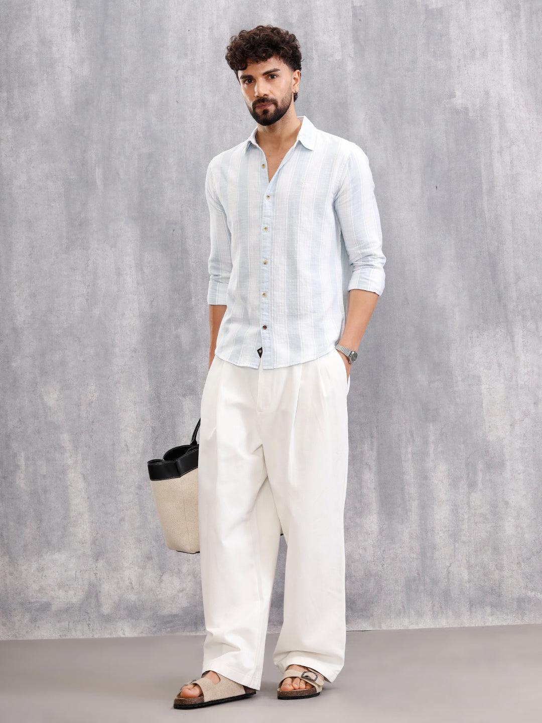 Herrinbone Stripe Light Weight Shirt | Blue