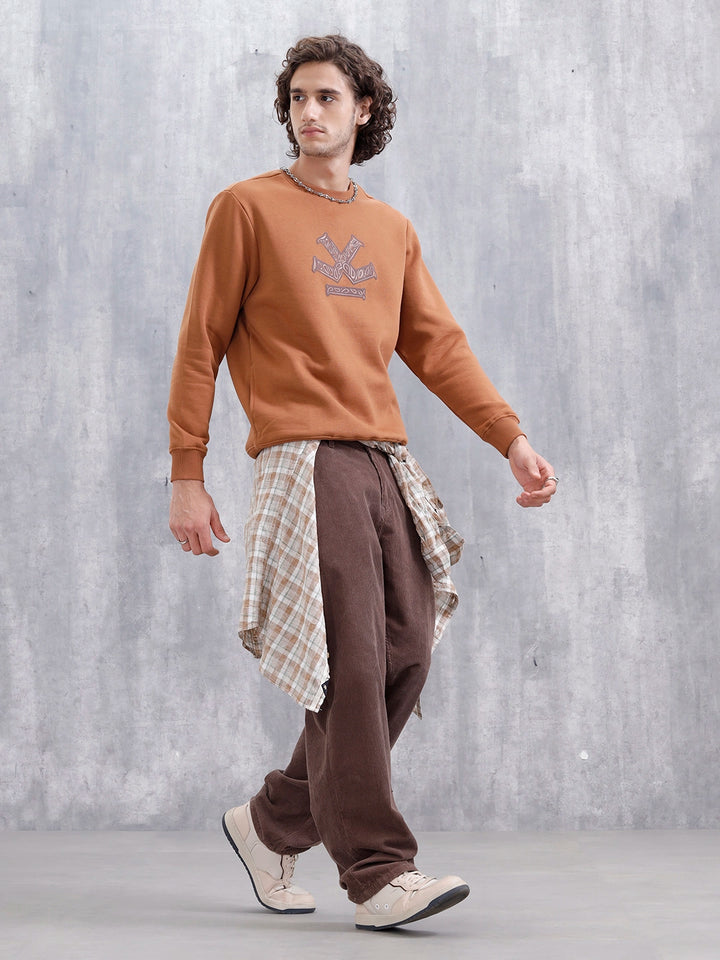 Paisley Puff Print Brushed Fleece Slim Fit Sweatshirt | Rust