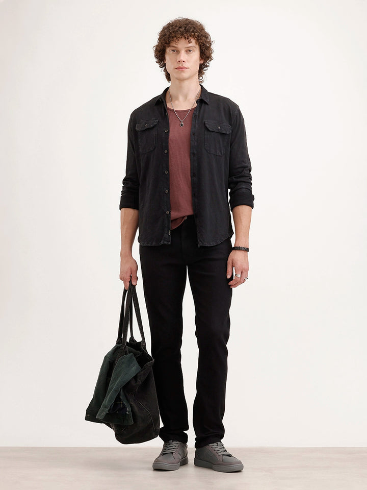 Solid Slim Fit Double Pocket Shirt | Black