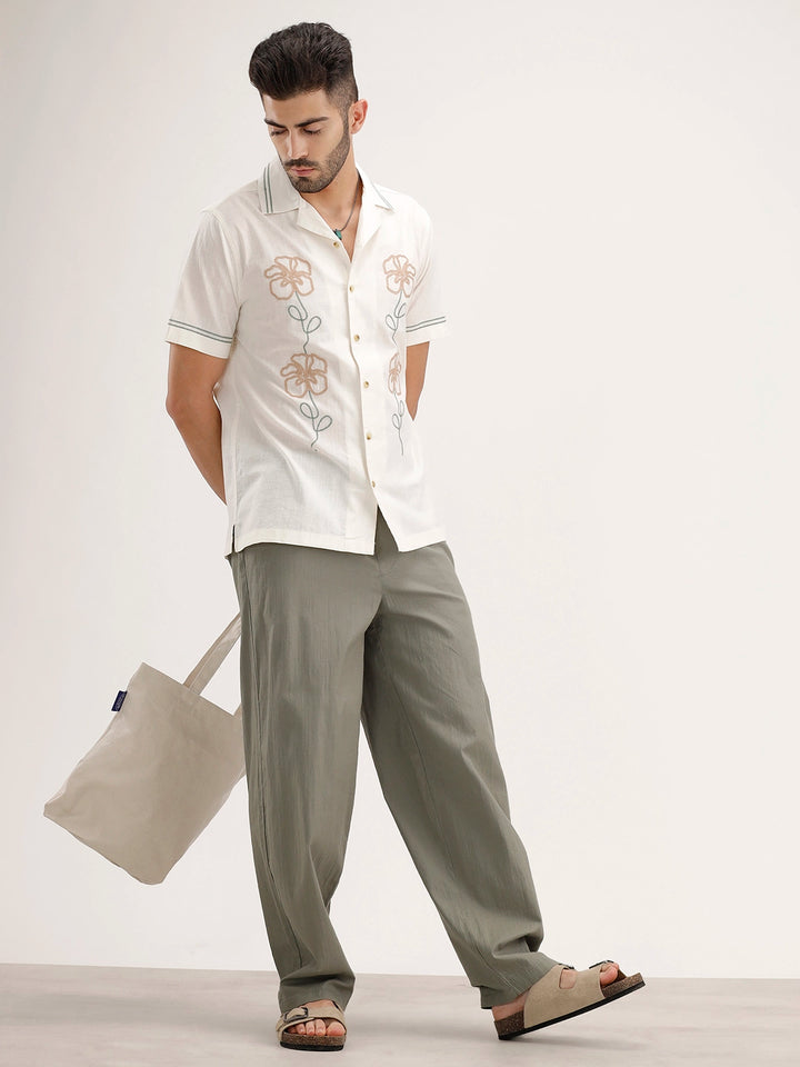 Slim Fit Emroidered Resort Collar Shirt | White