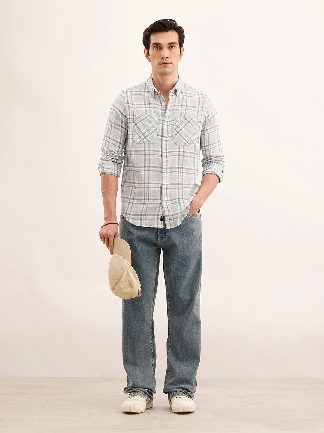 Regular Fit Checkered Double Pocket Shirt | Light Blue