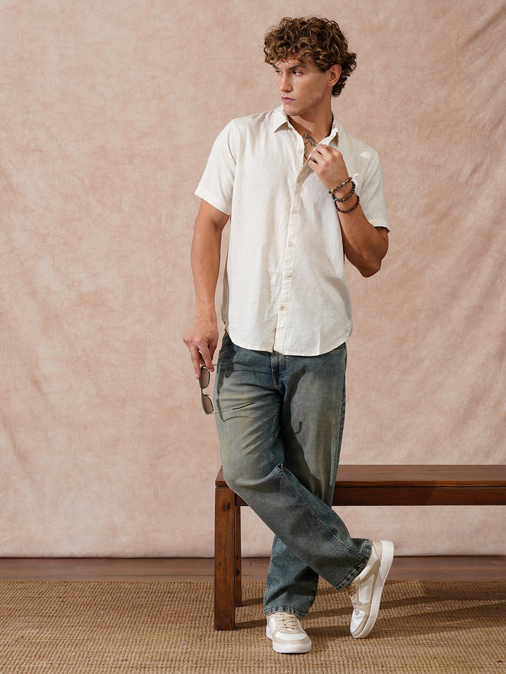 Solid Linen Blend Slim Fit Shirt | Ecru