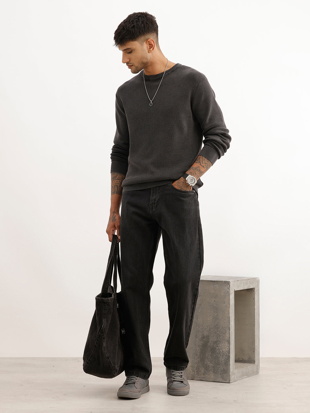 Regular Fit Textured Knited Sweater | Grey