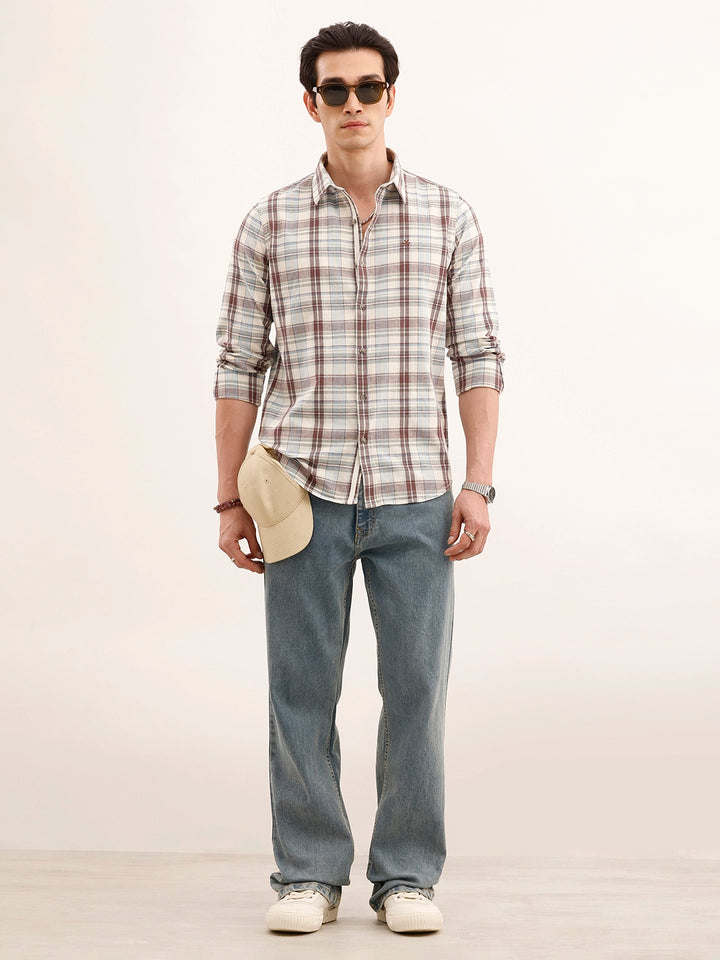 Slim Fit Checkered Linen Shirt | Brown