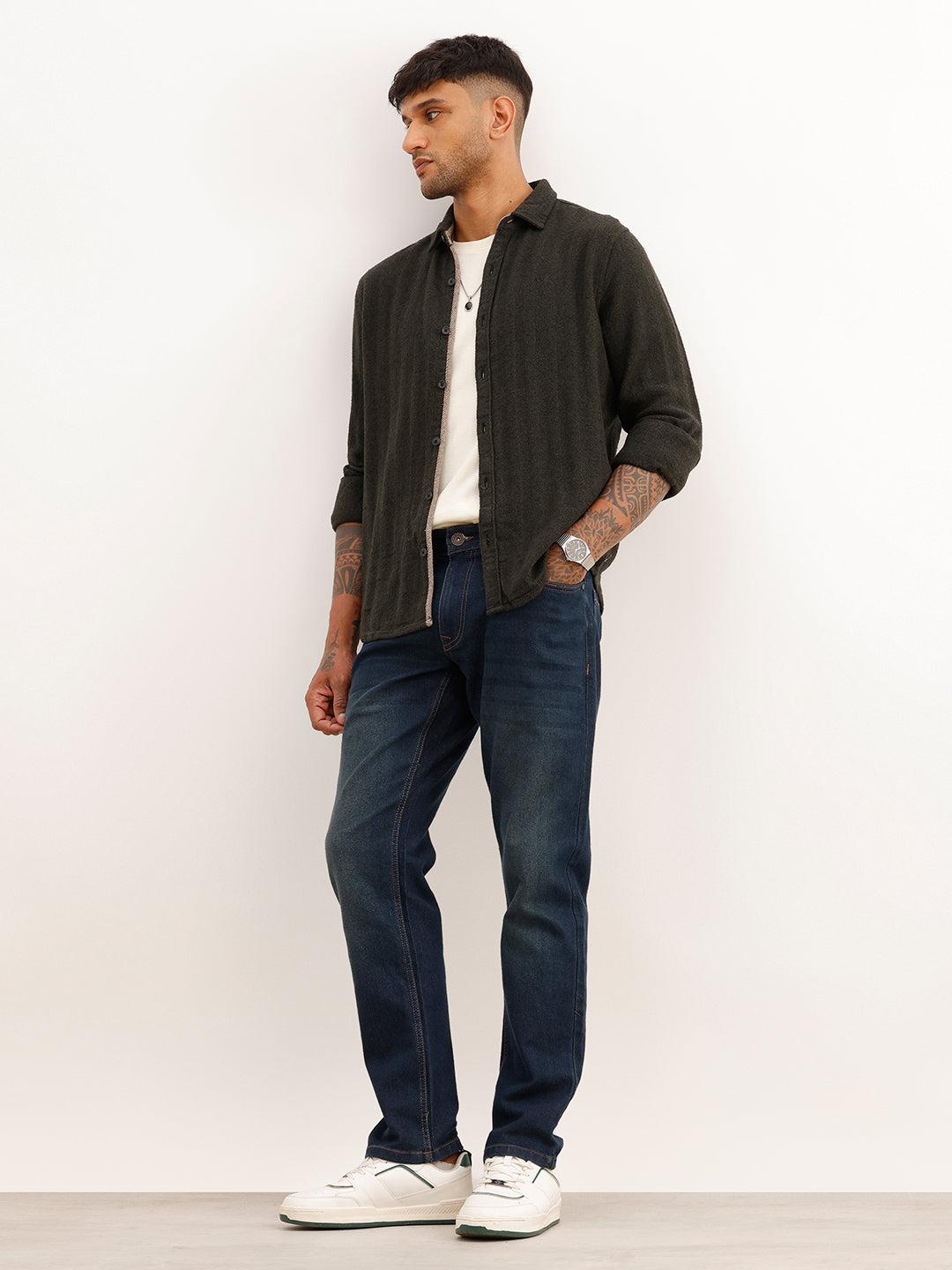 Slim Fit Textured Full Sleeve Shirt | Olive