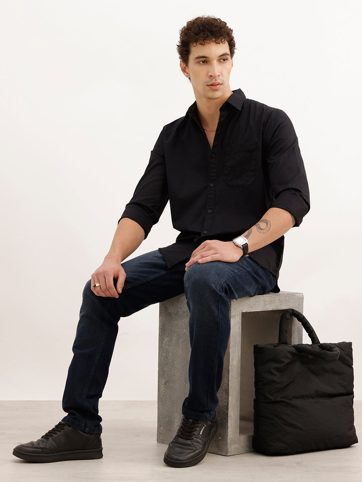 Solid Slim Fit Full Sleeve Shirt | Black