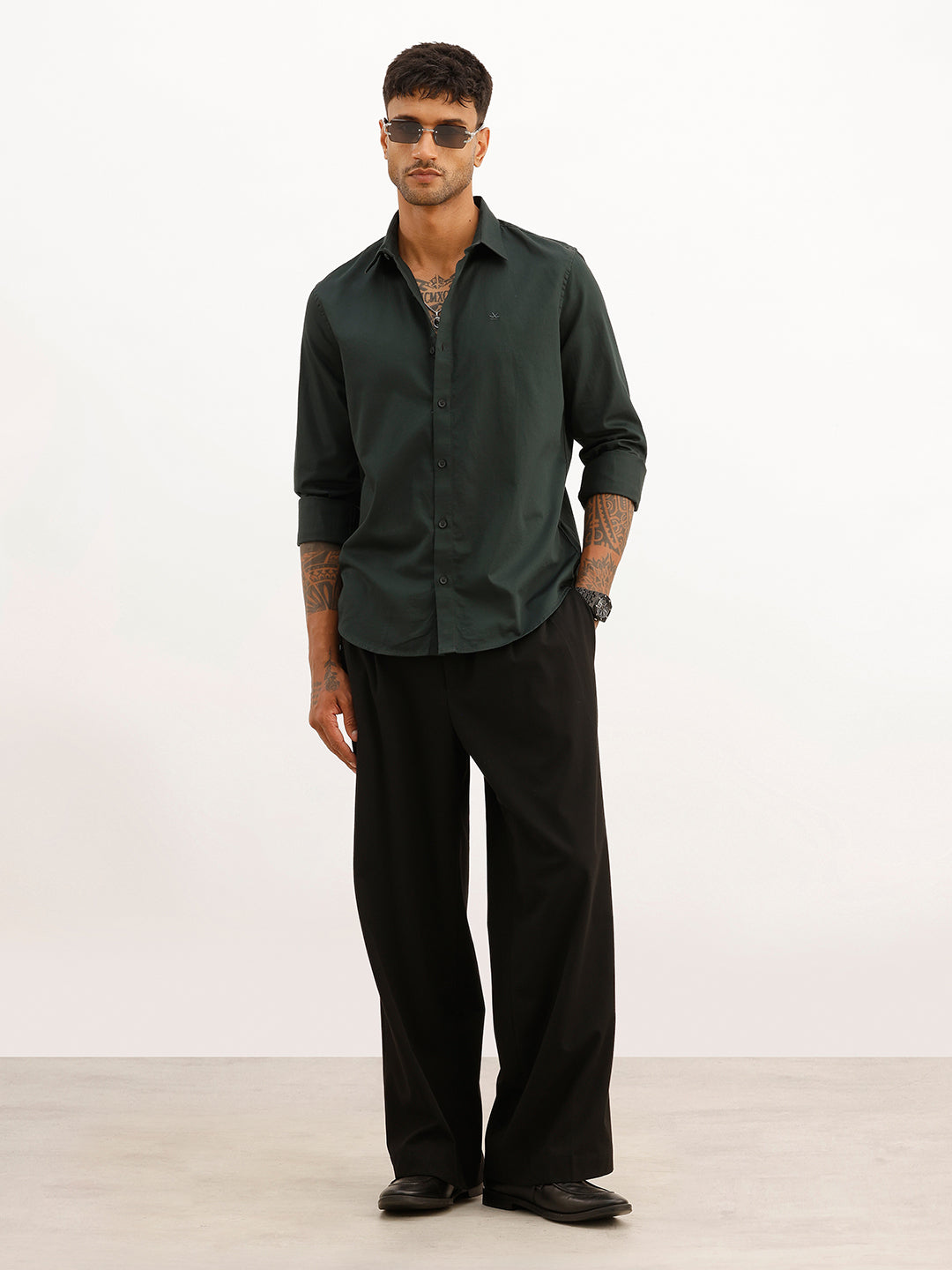 Solid Slim Fit Full Sleeve Shirt | Dark Green | WSH01FSSL7065W