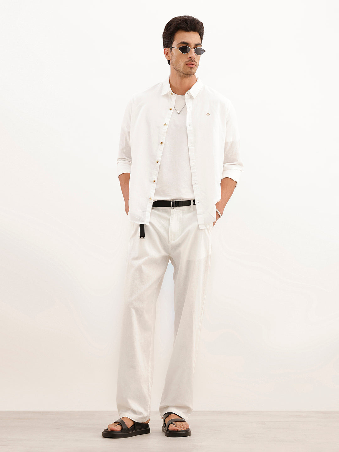 Linen Blend Solid Slim Fit Shirt | White