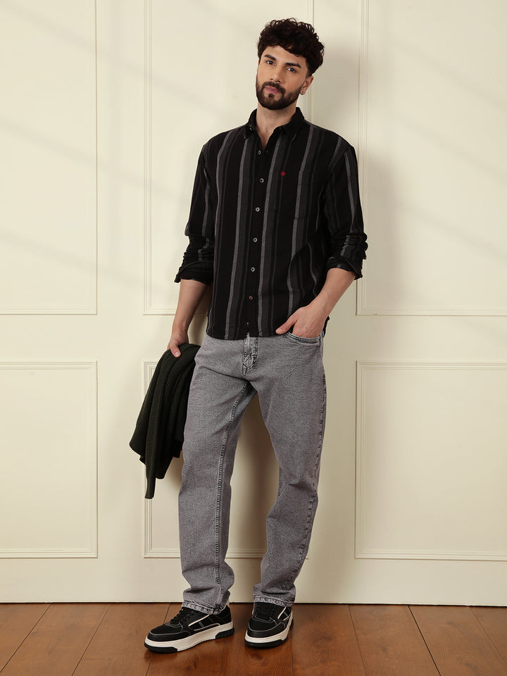 Textured Stripes Comfort Fit Shirt | Black
