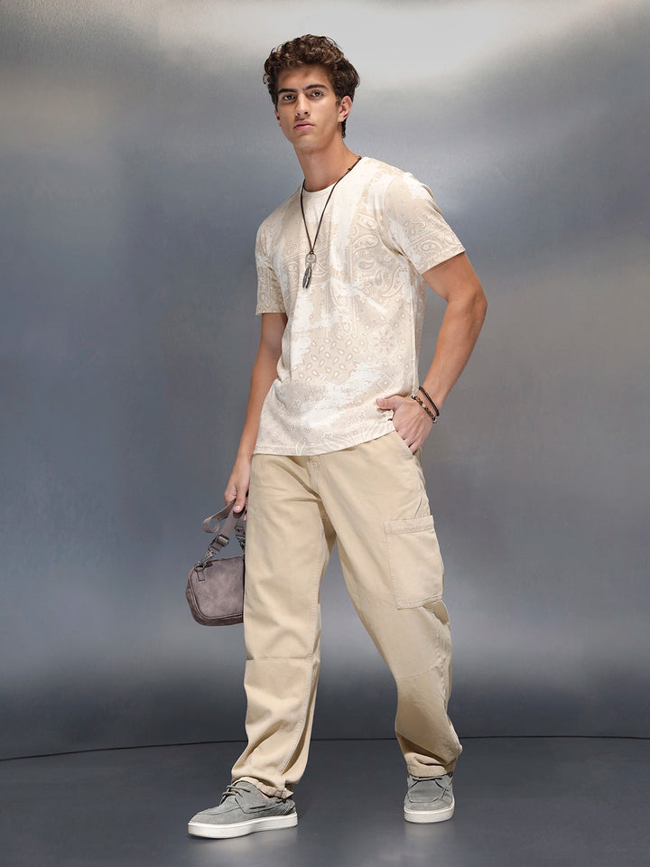 Men's slim fit Casual Tshirt with Paisley AOP  | Beige