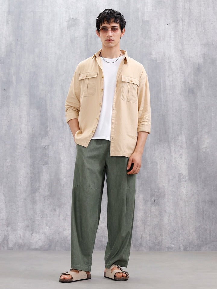 Oversized Fit Solid Shirt With Double Flap Pockets | Beige