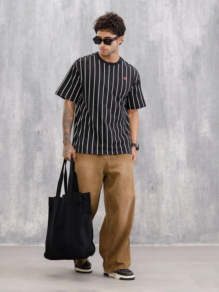 Striped Oversized Fit T-shirt With Puff Print | Black