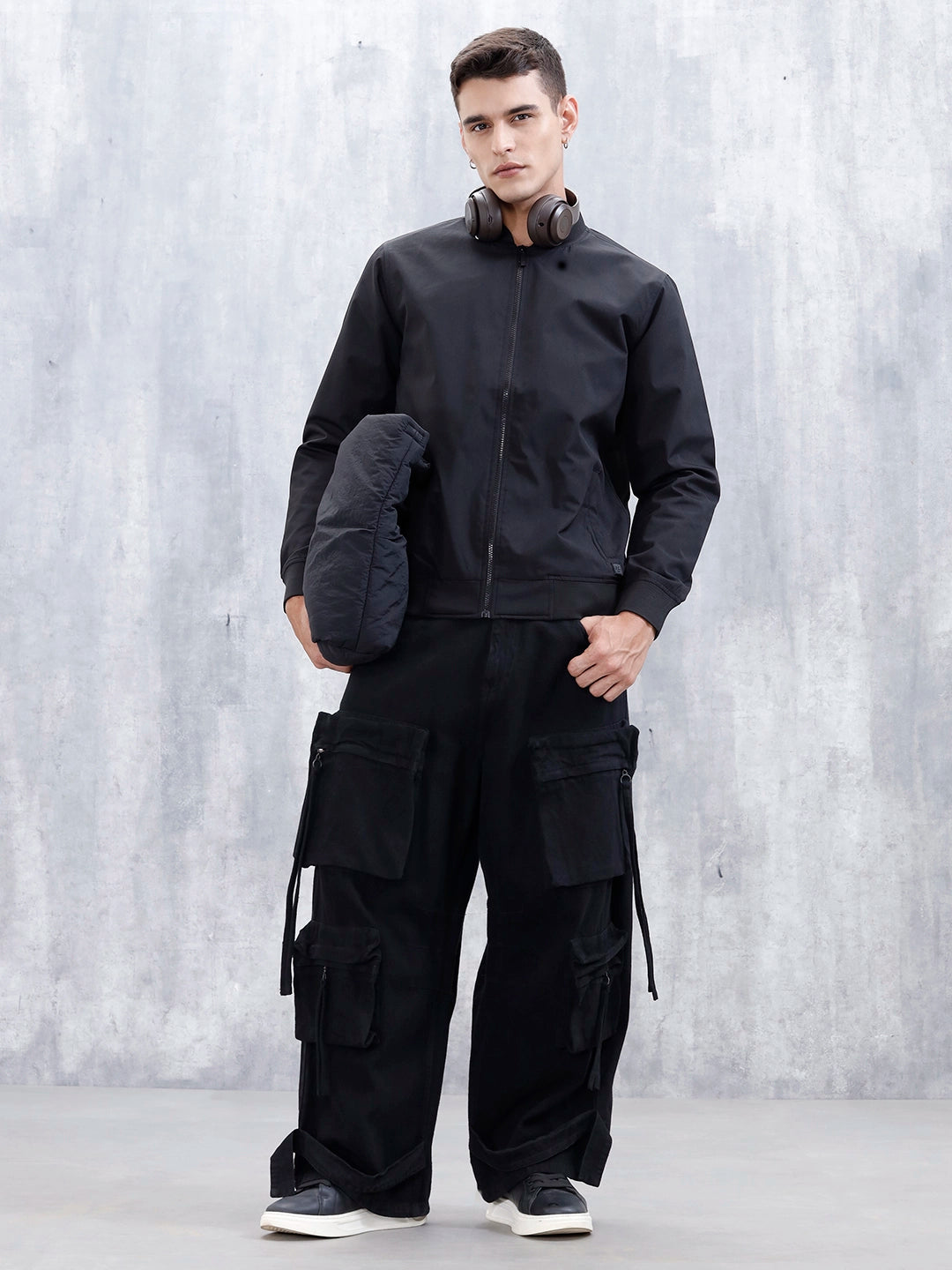 Men's Solid Casual Regular Fit Bomber Jacket | Black