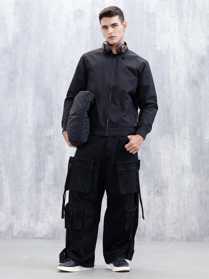 Men's Solid Casual Regular Fit Bomber Jacket | Black